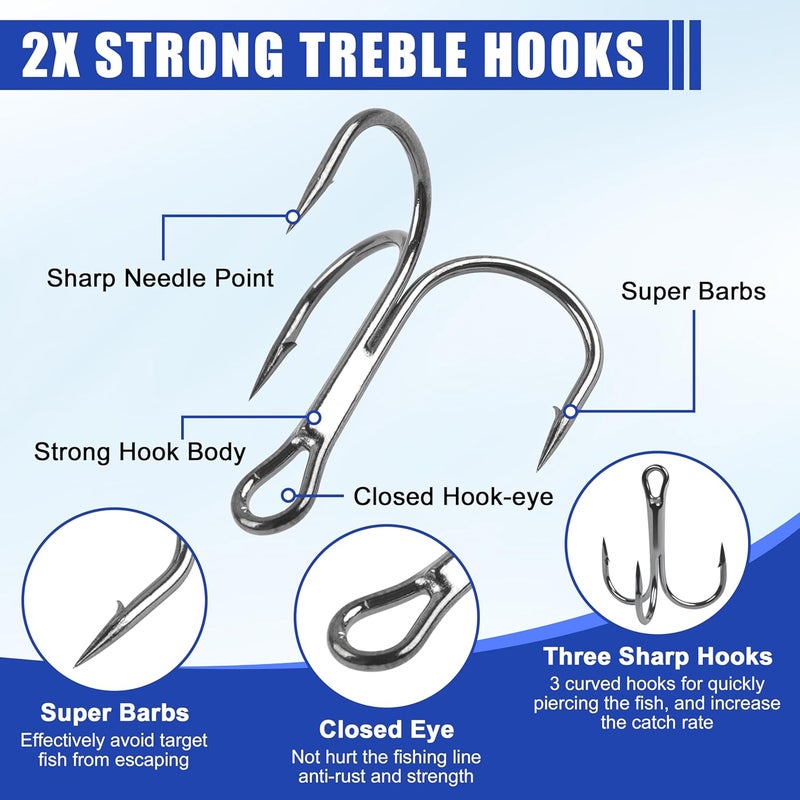 Shaddock Fishing Fishing Treble Hooks Kit High Carbon Steel Treble Fishing Hooks Ring Set Strong Sharp Round Bend for Trout Bass Catfish Lures Baits Freshwater Saltwater - Image 3